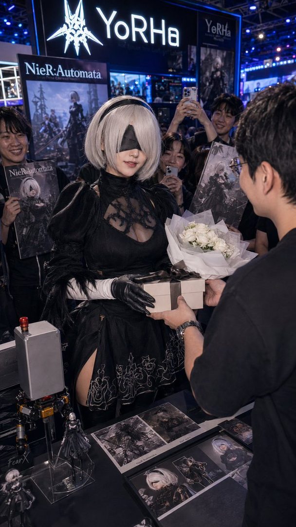 A cosplayer dressed as 2B from NieR: Automata, receiving a gift and flowers at a convention.