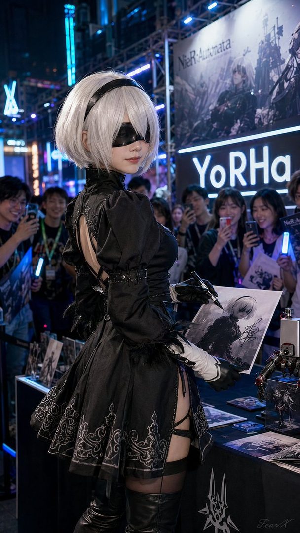 A cosplayer dressed as 2B from NieR: Automata poses at a convention, signing an artwork.