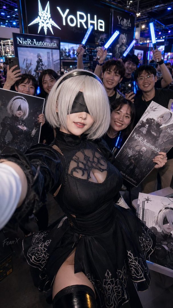 A cosplayer dressed as 2B from NieR:Automata takes a selfie with fans holding posters and light sticks at an event.