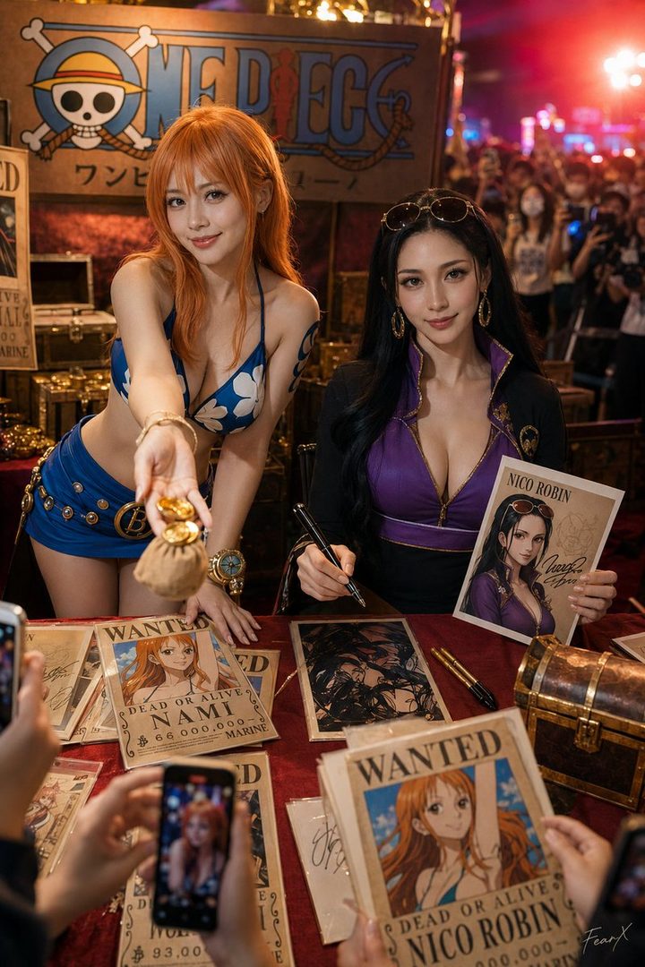 Two women dressed as Nami and Nico Robin from One Piece, posing with wanted posters and gold coins at a convention.