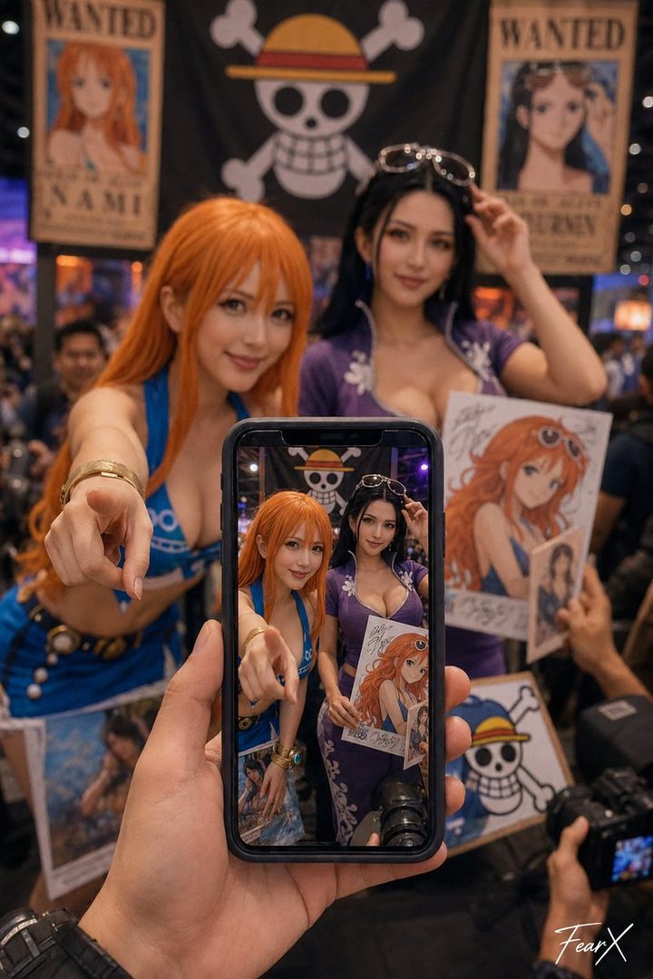 Two women in cosplay of Nami and Nico Robin from One Piece, posing for a photo at a convention.