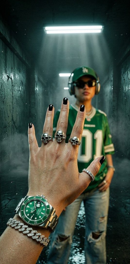A person in a green jersey and cap stands in a dark, misty tunnel, while a hand in the foreground with skull rings and a green watch reaches out.
