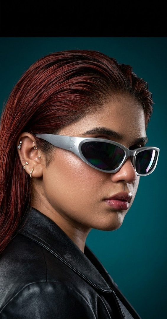 A woman with red hair and silver sunglasses wears a black leather jacket in a studio portrait.