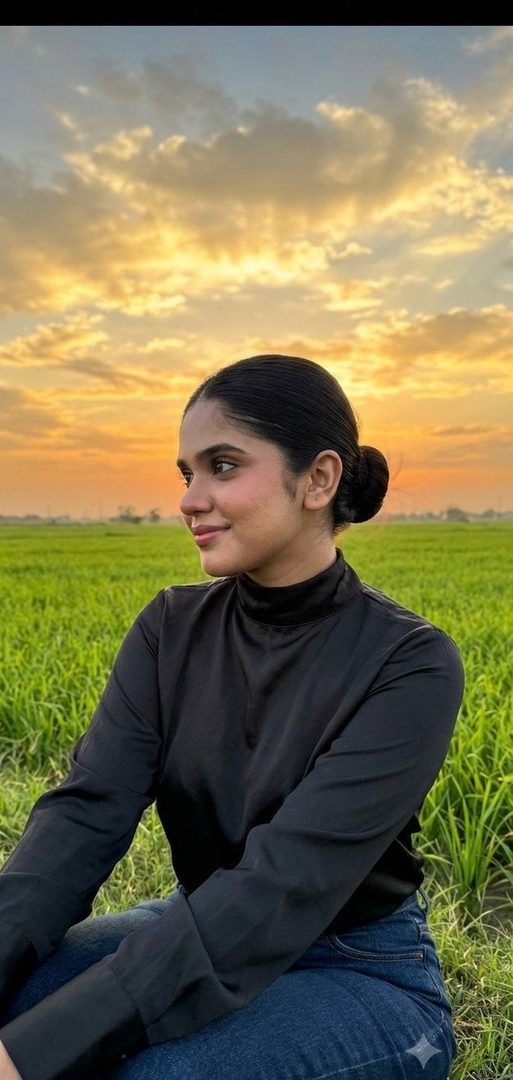 A young woman with dark hair in a bun, wearing a black long-sleeved top and jeans, sits in a green field at sunset, looking to the left with a gentle smile.