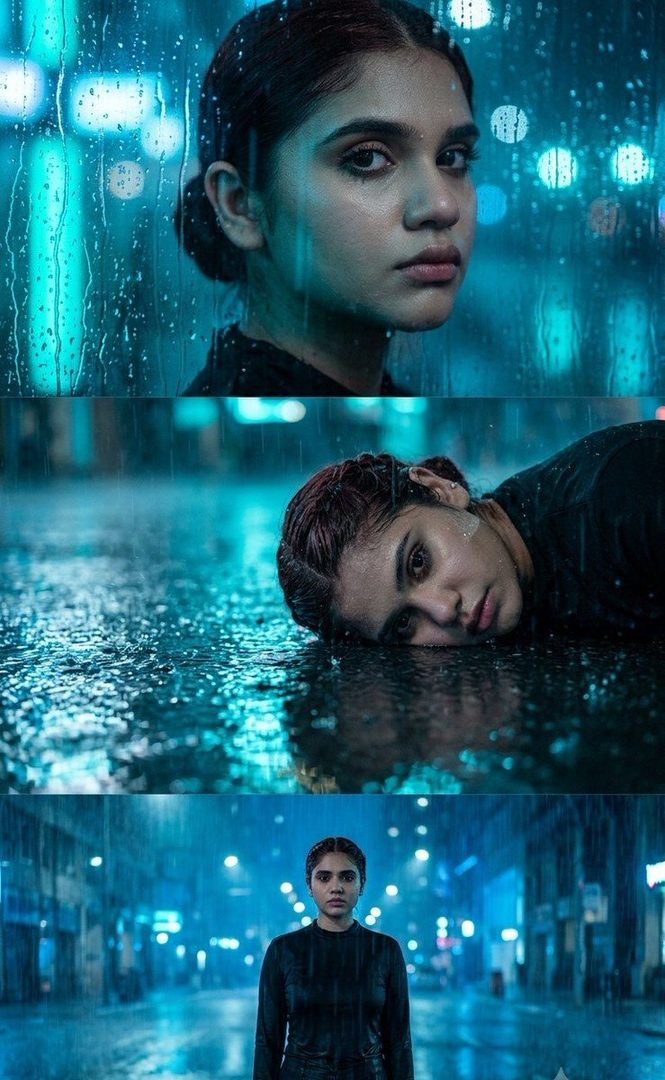 Cinematic triptych of a young woman in heavy rain at night, with neon city lights reflecting on wet streets.