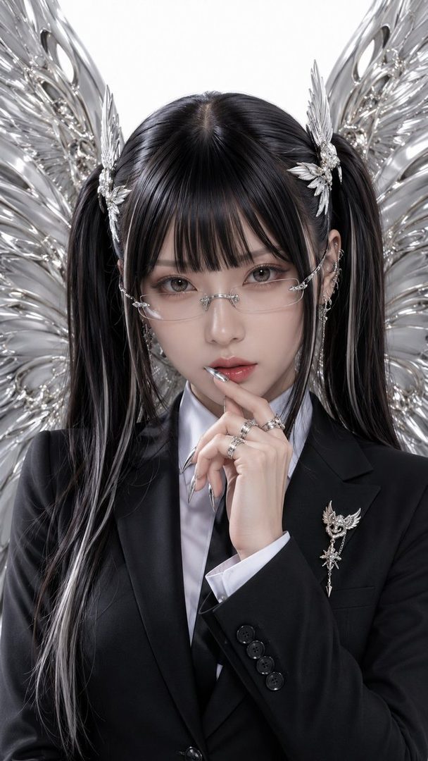 A woman with black hair in pigtails and white streaks, wearing a black suit jacket, white shirt, and rimless glasses, adorned with silver wing accessories and jewelry, looking directly at the viewer.