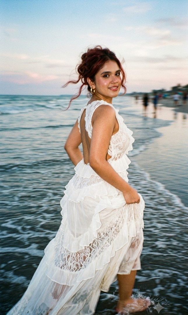 A woman in a white lace dress runs through the shallow waves on a beach at sunset, with a dreamy, cinematic film grain effect.