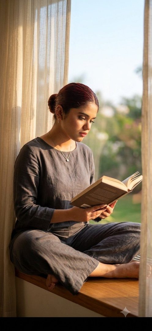 A young woman with brown hair tied in a bun sits on a sunlit windowsill, engrossed in reading a book.