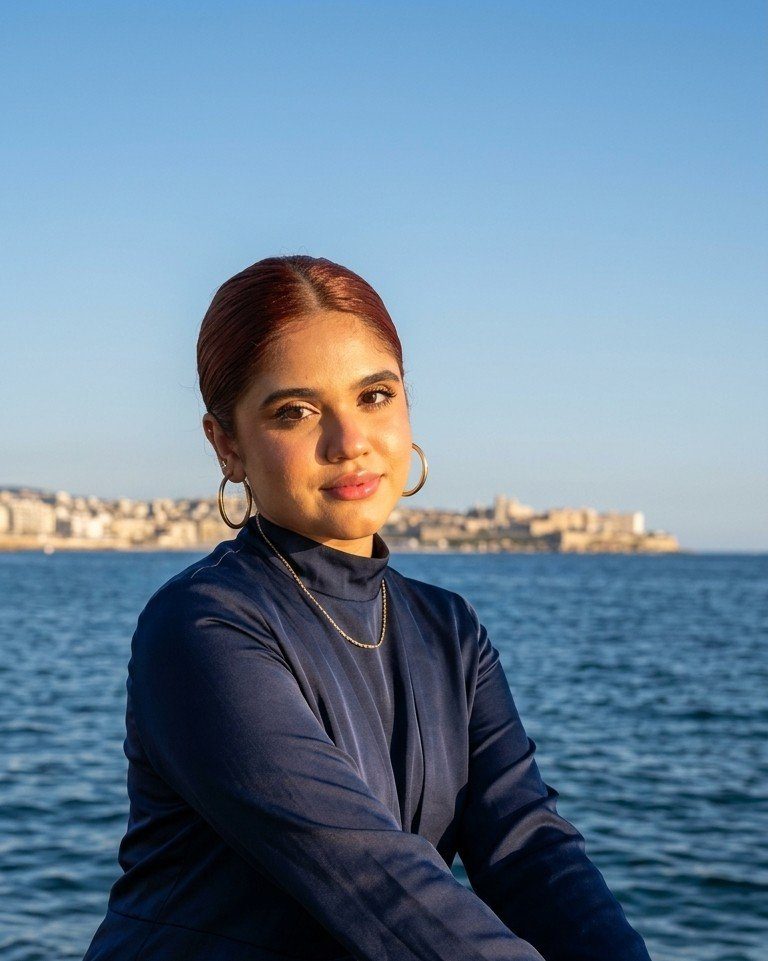 A young woman with reddish-brown hair pulled back, wearing a navy blue turtleneck blouse and hoop earrings, poses outdoors with a city skyline and the ocean in the background.
