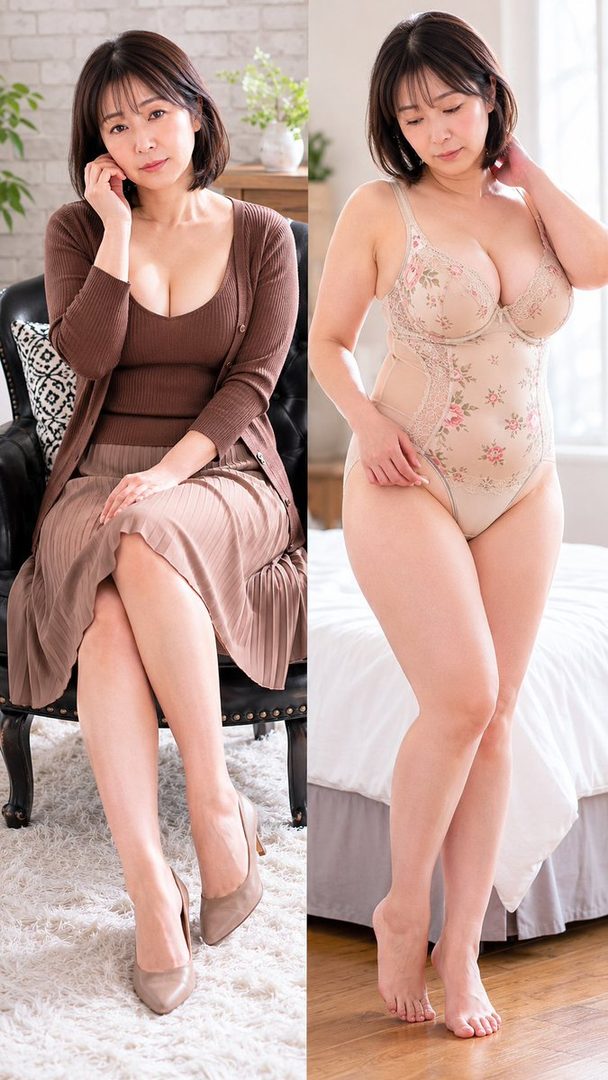 A Japanese woman in her 40s posing in two different outfits: one in a brown cardigan and skirt, the other in a floral bodysuit.