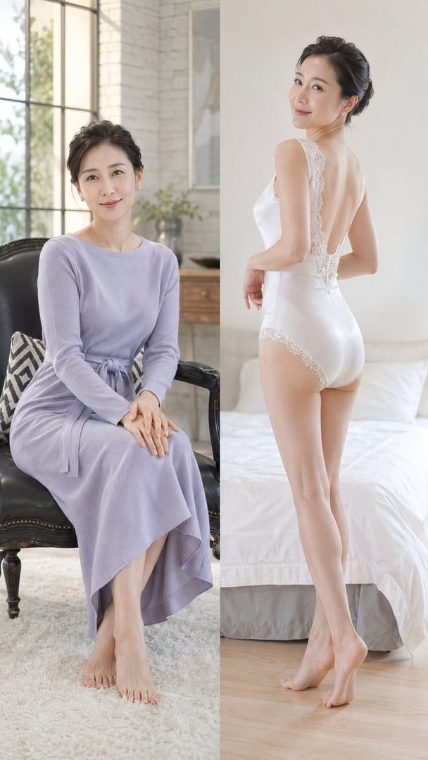 A mature East Asian woman in a light purple dress and a white lingerie set, posing indoors.