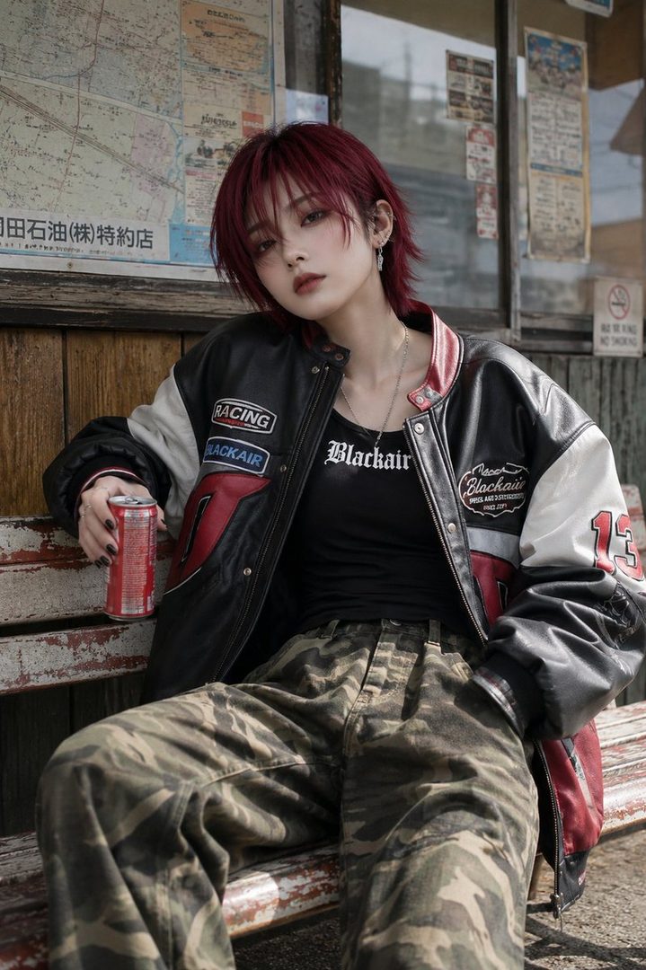 A person with short red hair and a black racing jacket sits on a wooden bench, holding a red soda can, with a map in the background.