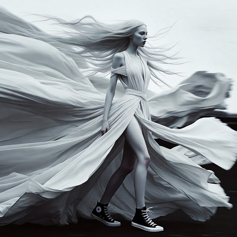 A woman with long white hair walks in a flowing white dress and black high-top sneakers, with fabric billowing around her.