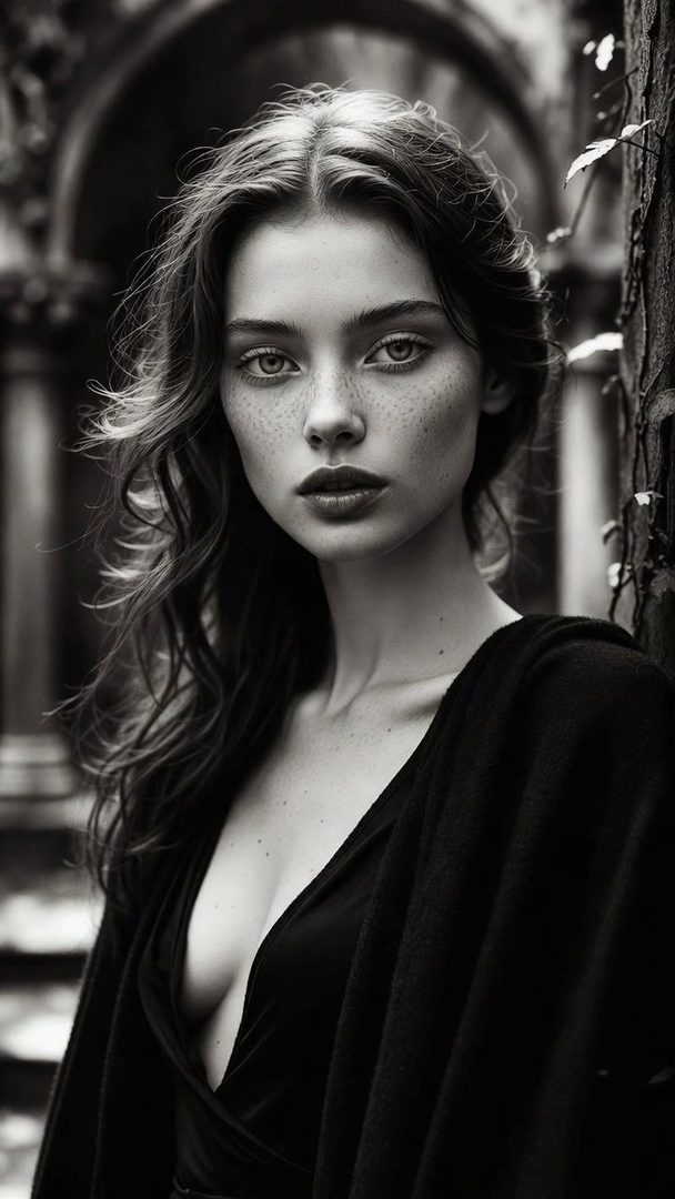 Black and white portrait of a young woman with freckles, wearing a low-cut black dress and a shawl, with an arched structure in the background.