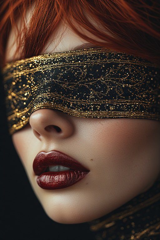 Close-up portrait of a woman with long red hair wearing a black and gold ornate blindfold and dark red lipstick.