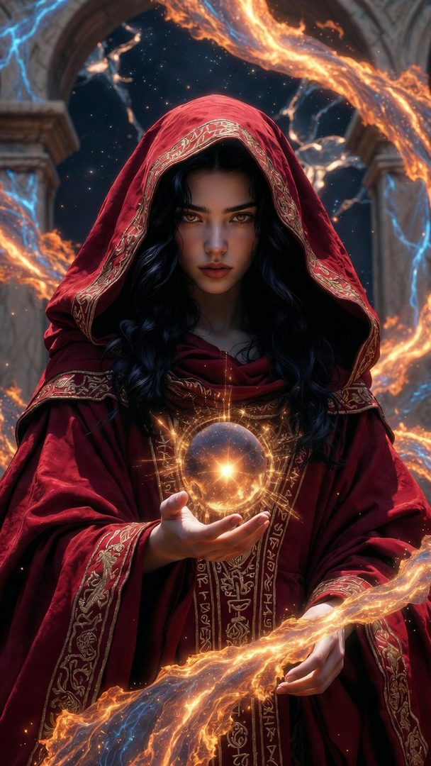 A woman in a red hooded robe holds a glowing orb, surrounded by magical energy.