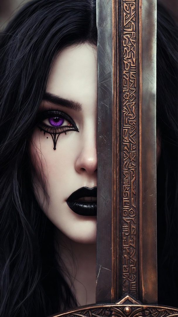 A close-up portrait of a woman with striking purple eyes and black lipstick, partially obscured by a medieval sword.