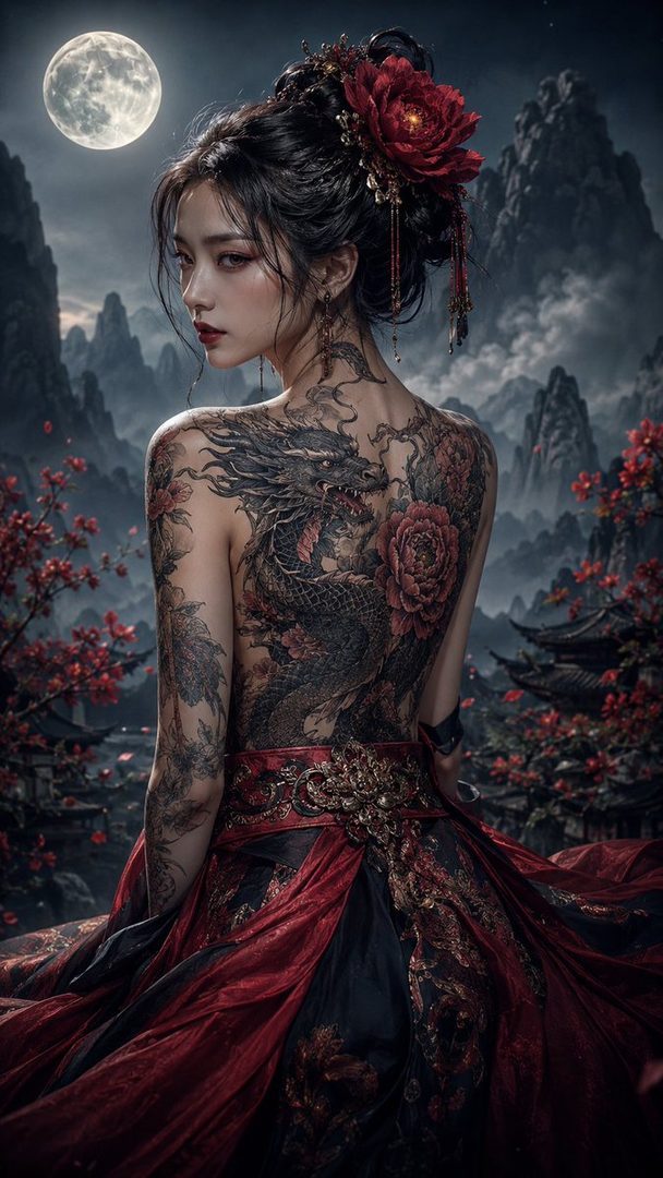 A woman with extensive dragon tattoos on her back, wearing a red and black dress, stands against a backdrop of mountains and a full moon.