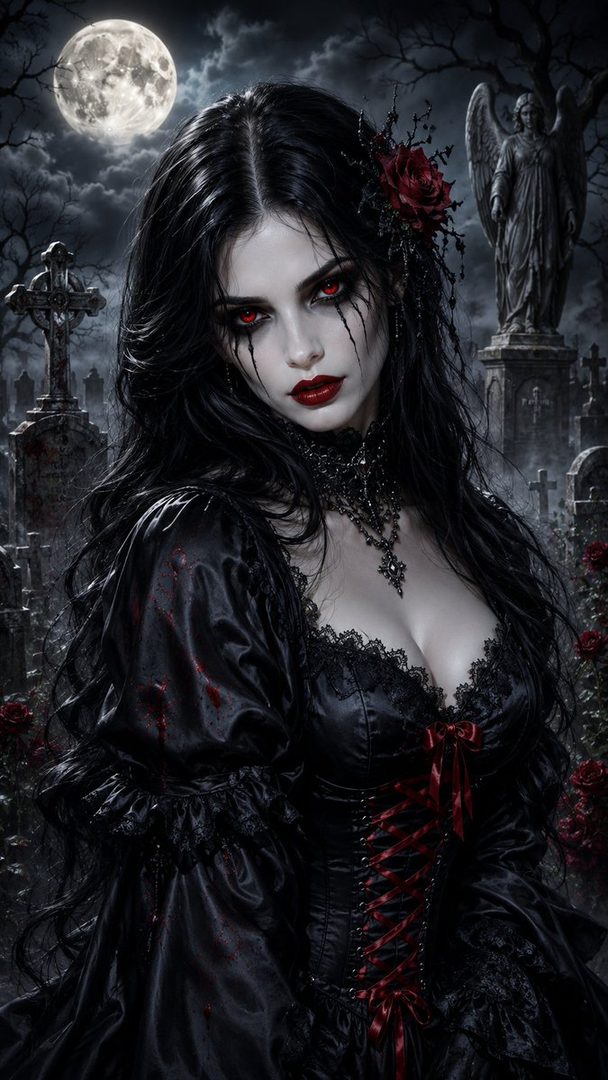 A gothic woman with long black hair, red eyes, and dark makeup stands in a graveyard under the moonlight, wearing a black lace-trimmed dress.