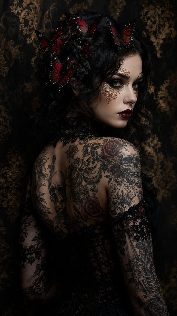 A woman with dark hair adorned with red butterflies and intricate tattoos of skulls and roses, looking over her shoulder.