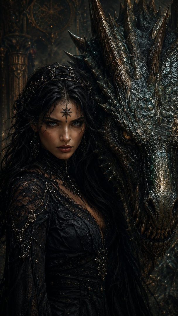A dark fantasy portrait of a queen with long black hair and a black lace dress, standing next to a dragon.