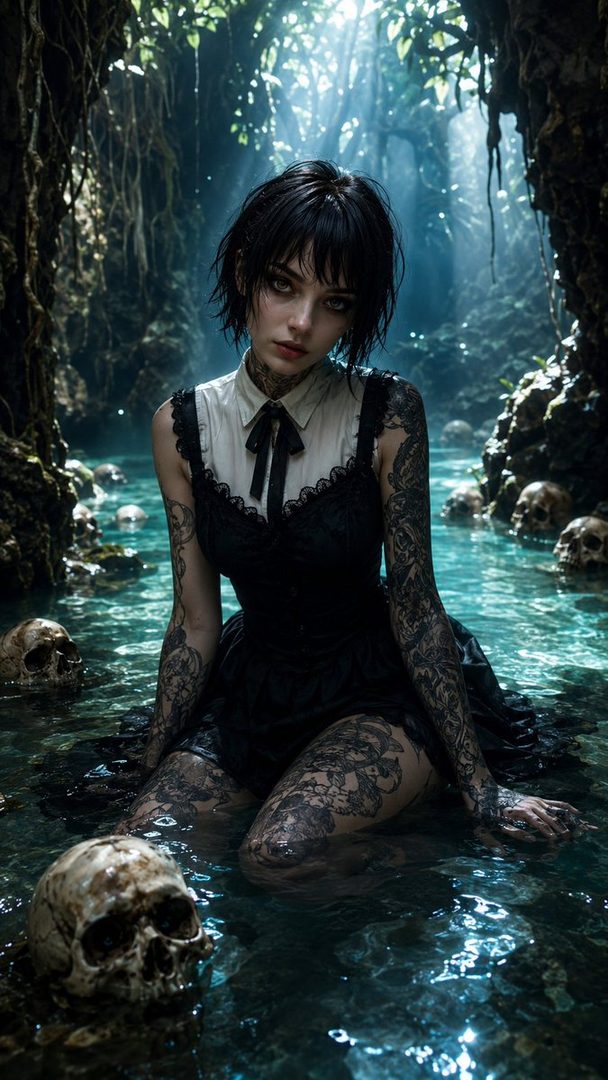 A young woman with short black hair and tattoos sits in shallow water surrounded by skulls, with sunlight filtering through a dense jungle canopy.