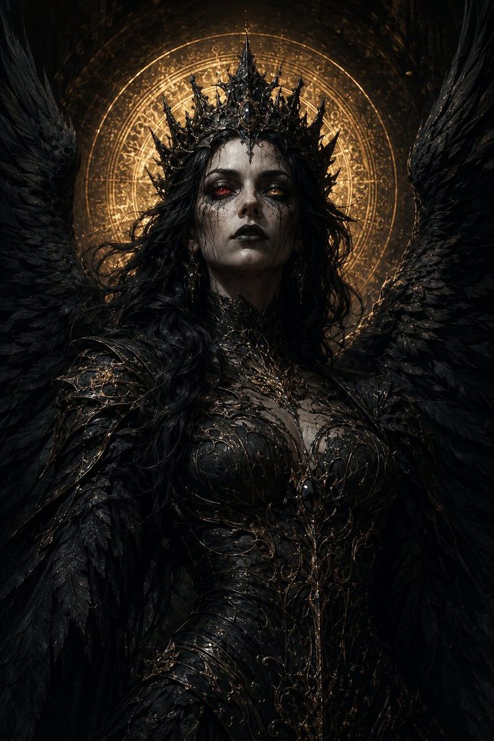 A photorealistic portrait of a dark queen with black wings, a crown, and striking red and gold eyes, set against a golden halo.