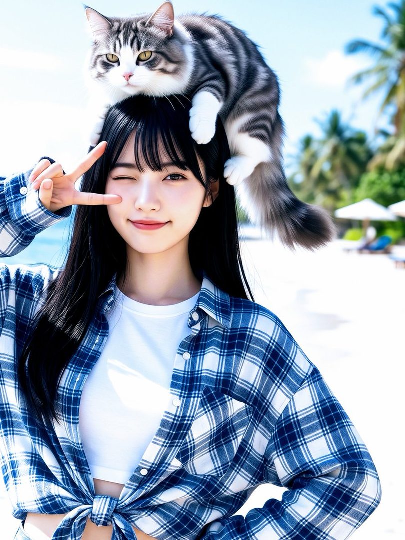 A young East Asian woman with long black hair and bangs, wearing a white t-shirt and a blue and white plaid shirt tied at the waist, poses playfully with a cat on her head at a sunny beach.