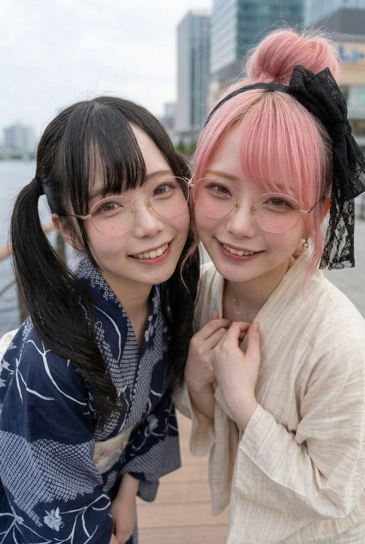 Two young Japanese women in yukatas and glasses, one with black pigtails and the other with pink hair in a bun, smiling outdoors.