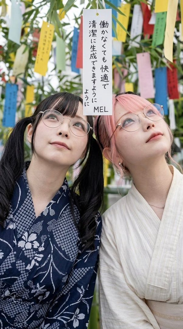 Two young women in yukatas stand under a tree decorated with colorful tanzaku for Tanabata, looking upwards.