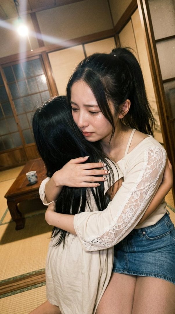 A young woman with long black hair tied in a ponytail, wearing a light-colored top and denim skirt, embraces another person with dark hair, her face showing sadness and tears.