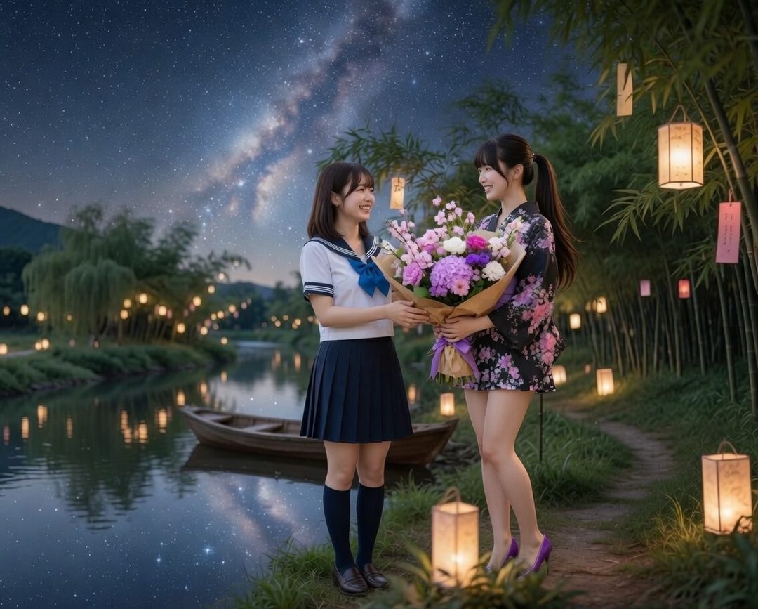 Two young Japanese women, one in a school uniform and the other in a yukata, exchange a bouquet of flowers under a starry night sky with lanterns.