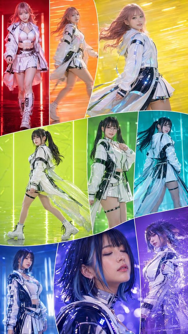 A collage of a woman in a futuristic white and black outfit with different hair colors and styles, posing on colorful neon stages.