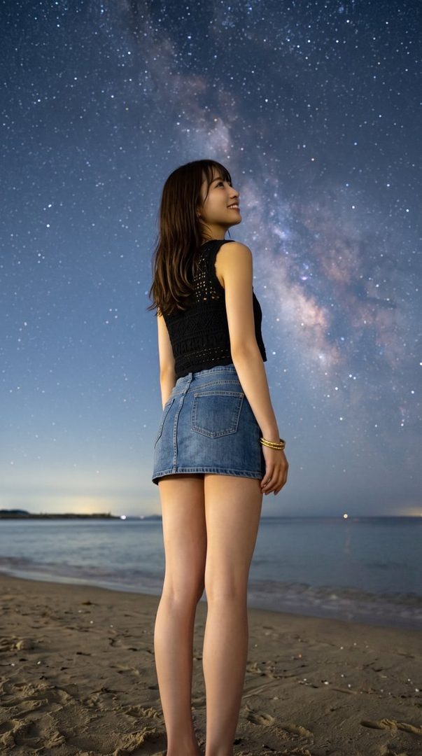 A young woman stands on a beach at night, looking up at the Milky Way galaxy.