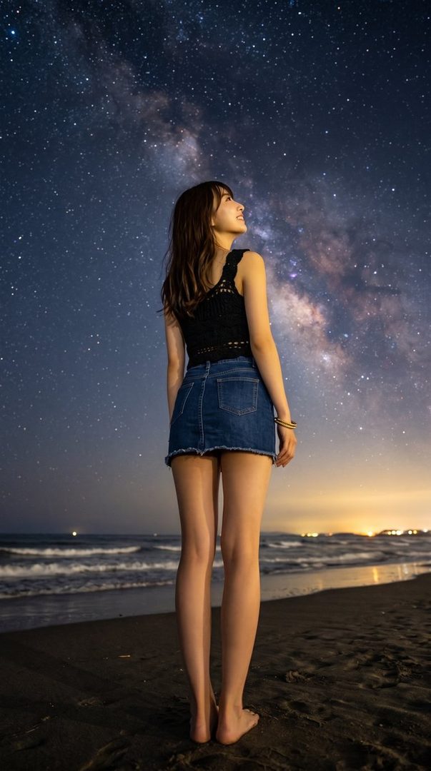 A young woman stands on a beach at night, looking up at the Milky Way galaxy.