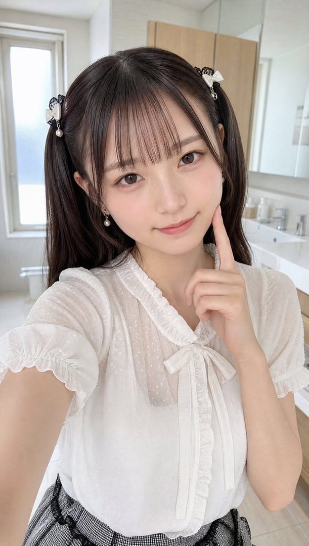 A young Japanese woman with dark hair in pigtails, wearing a white ruffled blouse and a plaid skirt, poses for a selfie in a bright indoor setting.