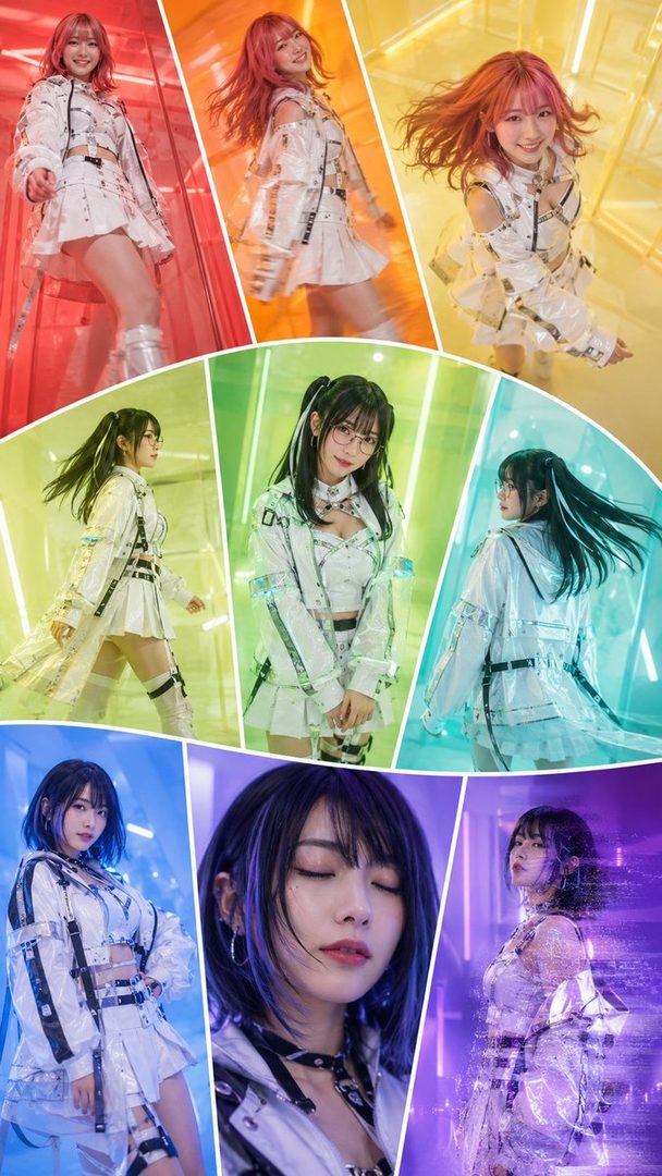 A collage of three women in futuristic white outfits with different hair colors (pink, black with white streaks, black with blue streaks) posing in neon-lit studios.