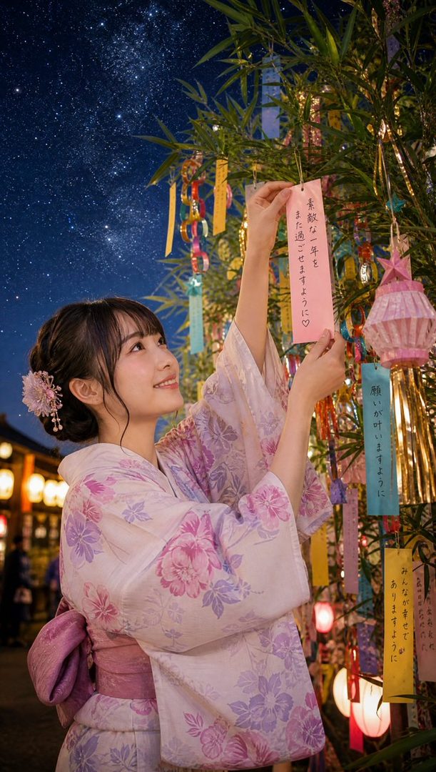 A young Japanese woman in a floral yukata hangs a tanzaku on a bamboo tree under a starry night sky.