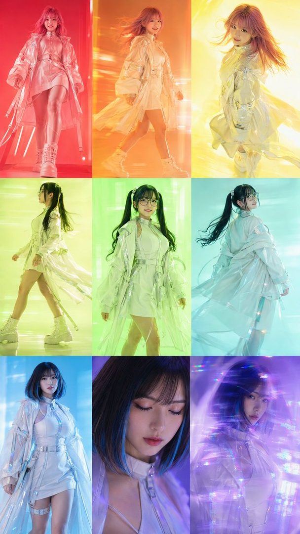 A grid of nine images featuring three different women in futuristic white outfits and sheer trench coats, each posed against vibrant, color-changing backgrounds from red to purple, showcasing various hairstyles and dynamic lighting.
