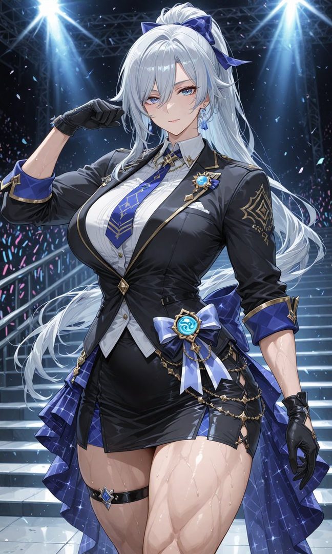 A photorealistic portrait of an AI-generated woman with long white hair, wearing a stylish black suit with blue accents, standing on a stage with bright lights.