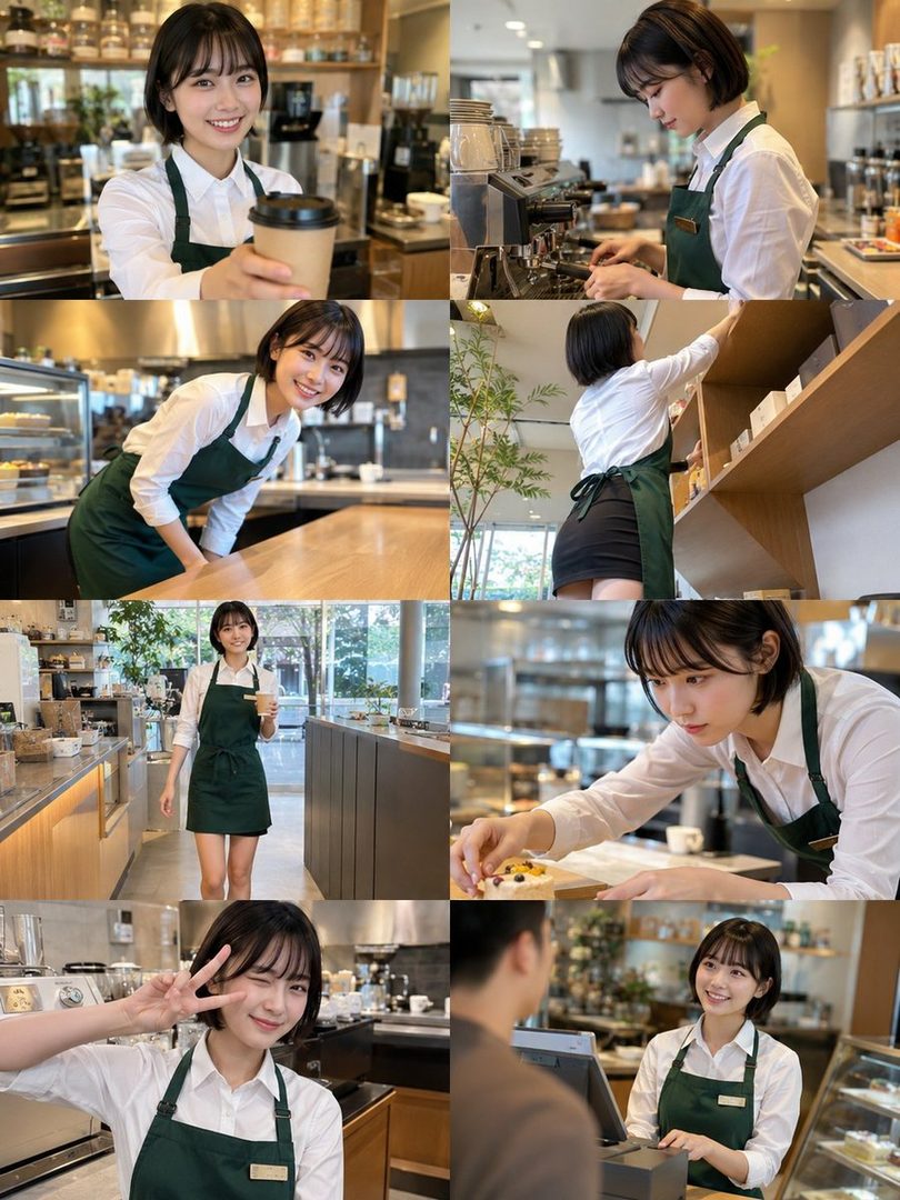 A young woman in a white shirt and green apron working in a cafe, holding a coffee cup and smiling.