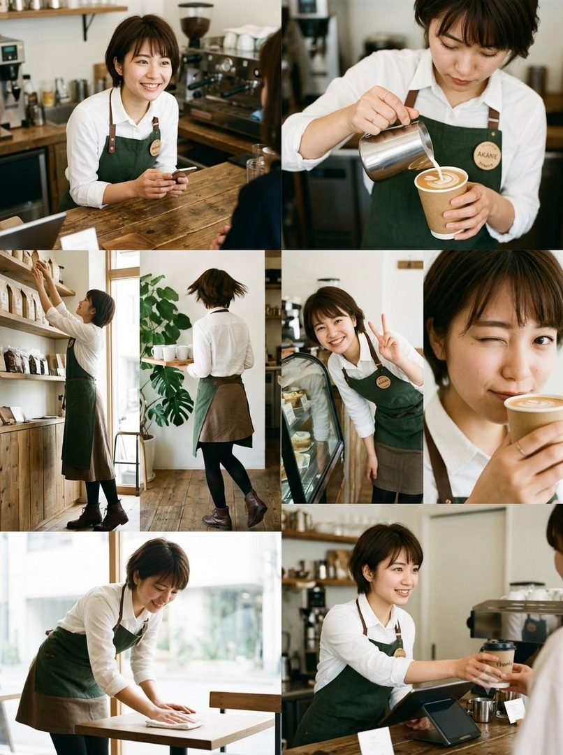 A collage of a young East Asian woman with short brown hair working as a barista in a cafe, smiling and preparing coffee.