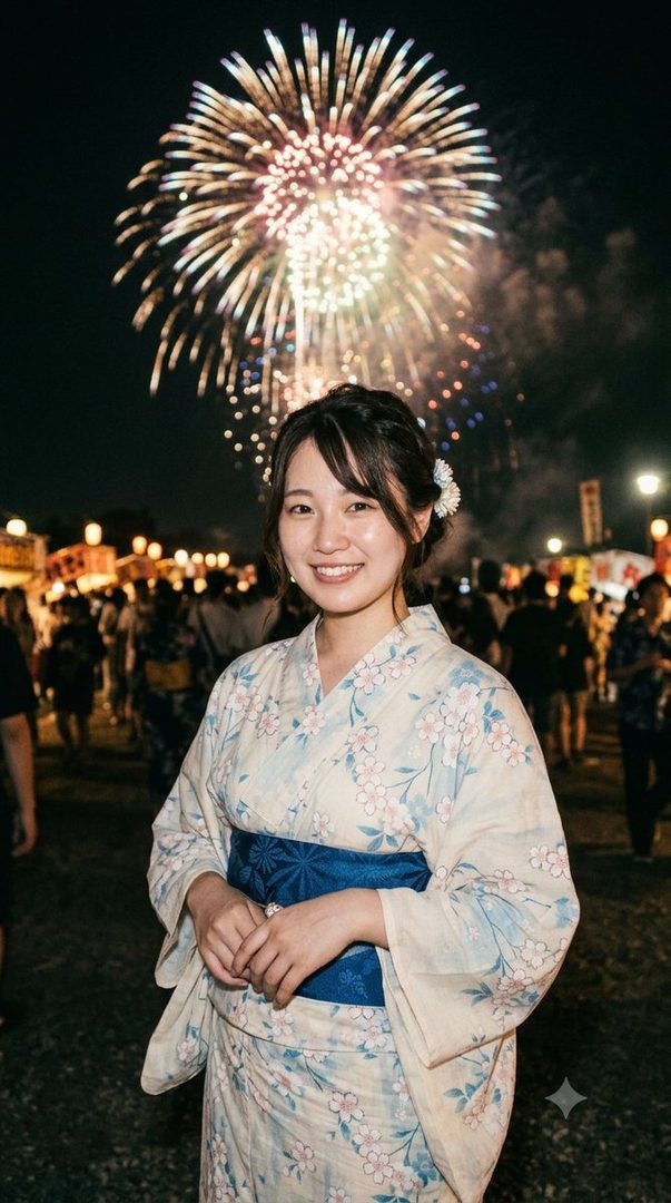 A young Japanese woman in a floral yukata smiles at the camera with fireworks in the background.