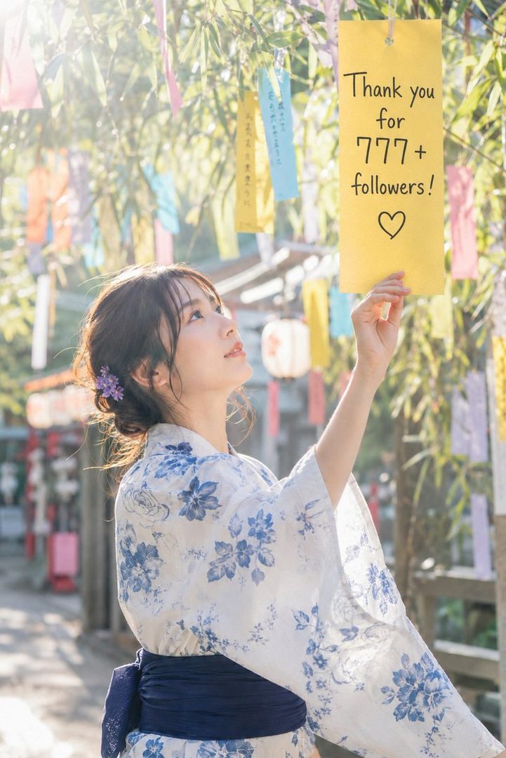 A young woman in a blue and white floral yukata holds up a yellow sign that says 'Thank you for 777+ followers!' with a heart, outdoors.