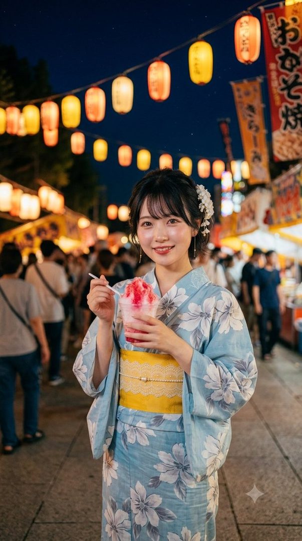 A young East Asian woman in a light blue floral kimono smiles while holding a cup of shaved ice at a night festival.