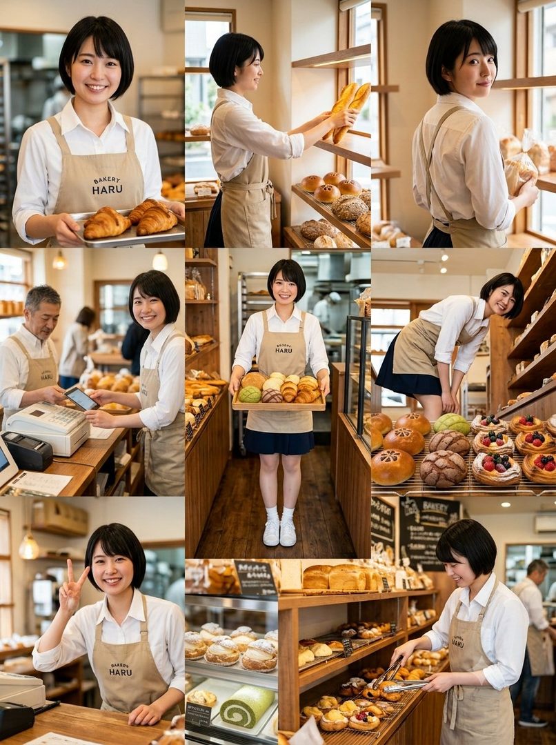 A young woman working in a bakery, smiling and holding baked goods.