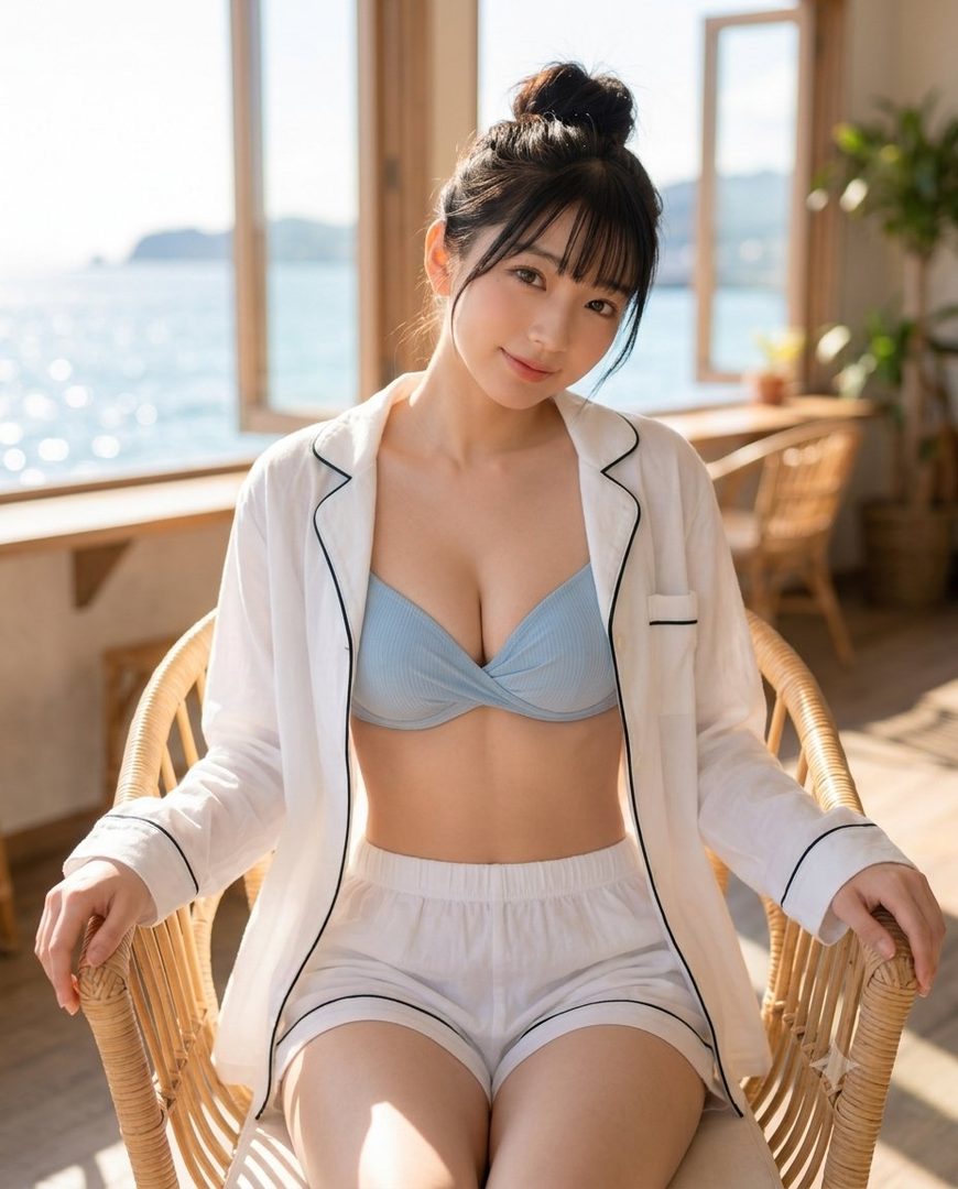 A young Japanese woman with her hair in a messy bun sits in a rattan chair at a seaside cafe, wearing a light blue bralette and white pajama shorts and shirt.