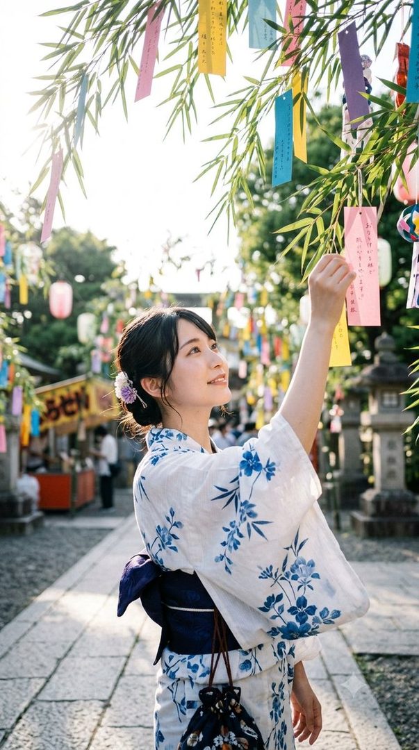 A young woman in a white and blue floral yukata smiles as she reaches for a colorful tanzaku paper strip hanging from a bamboo branch during a summer festival.