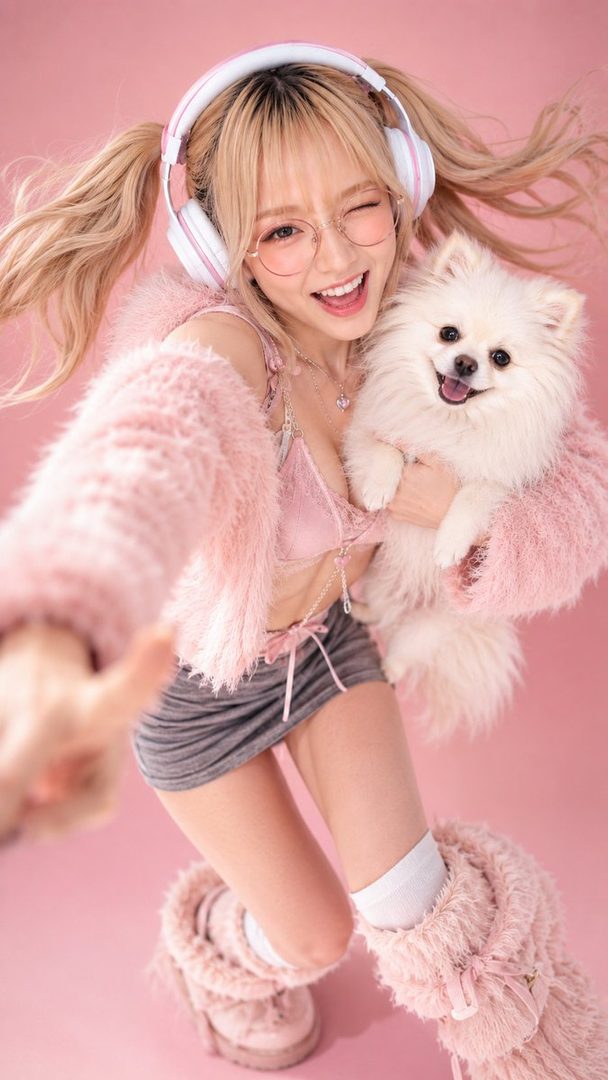 A playful blonde woman with pigtails, wearing a pink fluffy jacket, mini skirt, headphones, and round glasses, winks at the camera while holding a fluffy white Pomeranian dog against a pink background.