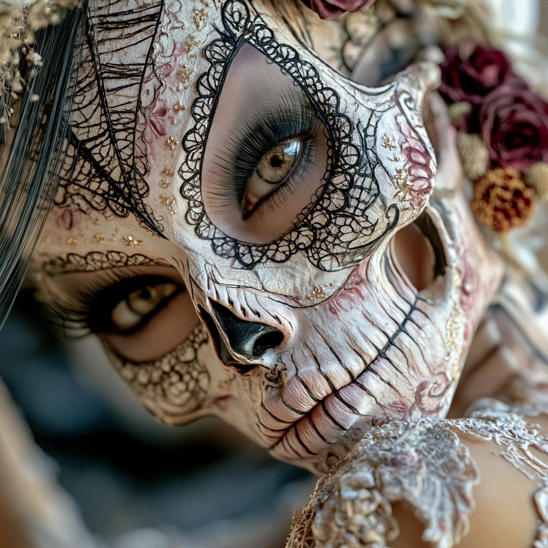 Close-up portrait of a woman with intricate sugar skull makeup, featuring detailed lace patterns, roses, and spiderweb designs, with striking eye makeup.